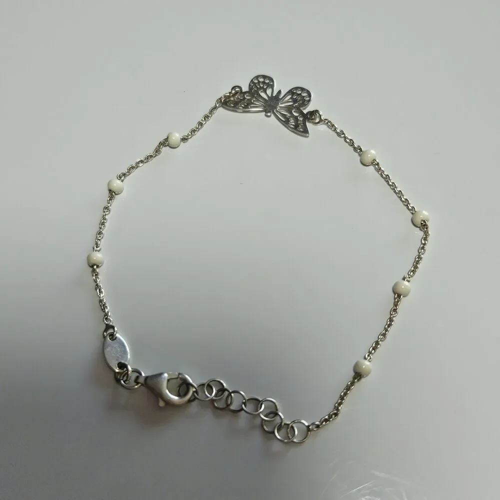 Vintage Dyadema Sterling Silver Butterfly Bracelet White Bead 6.5-7.5
